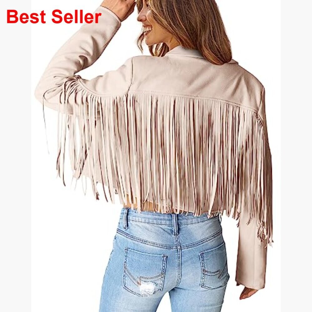 Faux Suede Fringe Motorcycle Cropped Jacket with Tassel Design - Picture 4 of 7